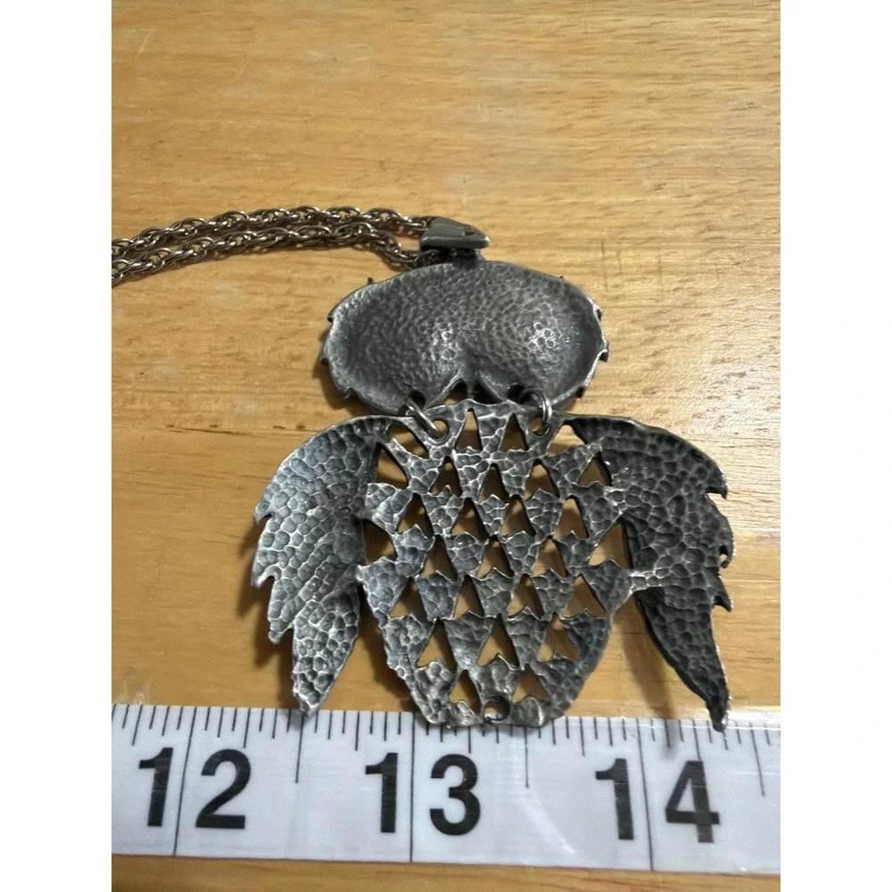 Vintage Articulated Owl Pendant Necklace Silver Tone Green Eyes Statement‎